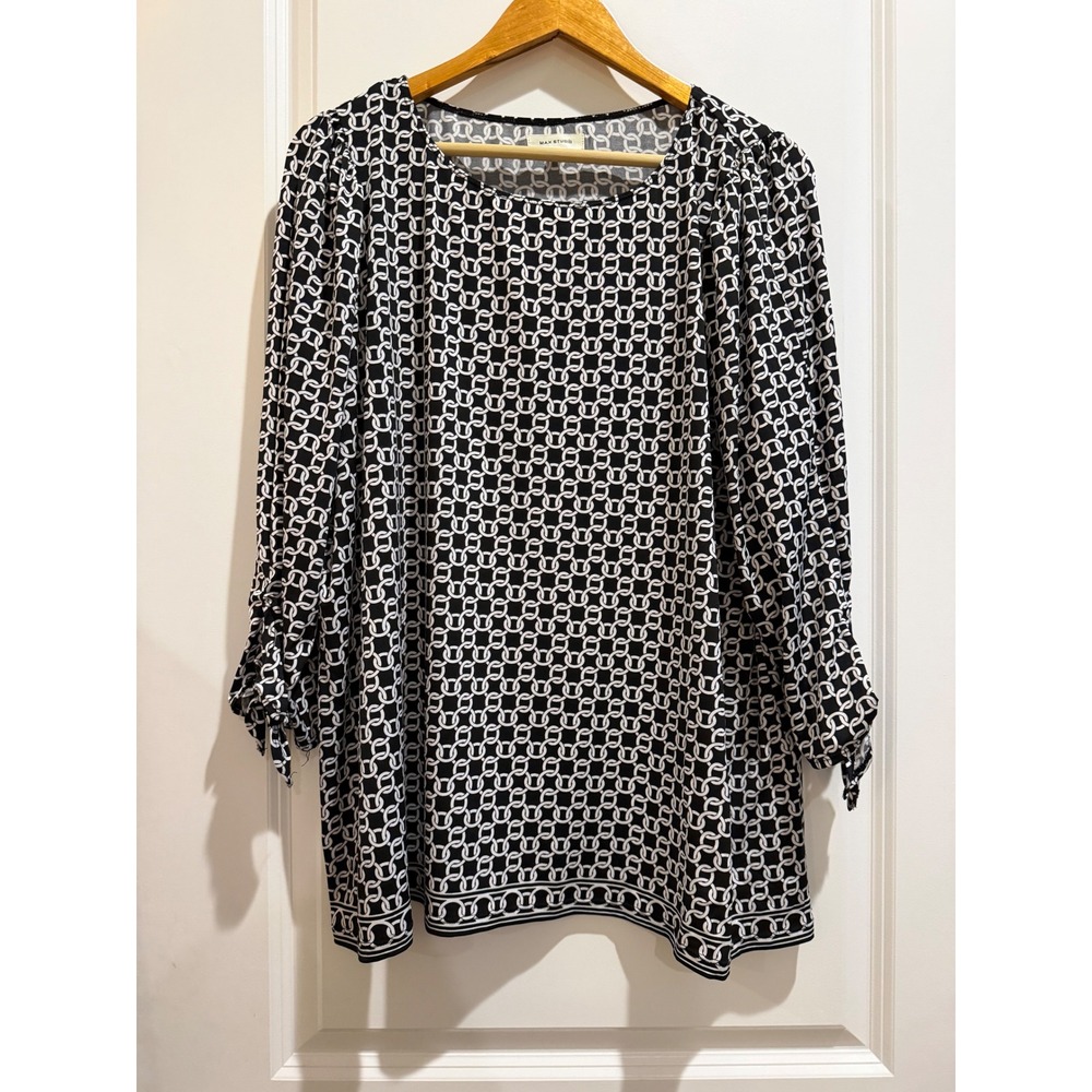 Max Studio Womens 1X Black White Chain Link Print Tie Cuff Blouse Top 2W08N76